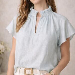 NEW Never A Wallflower Anthro Vicki Top XS Cerulean Blue Metallic Ruffle Blouse